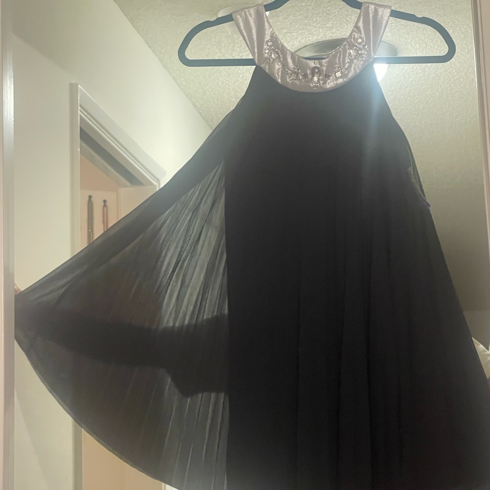 flared dress w/built-in slip Vtg embroidered satin collar sheer chiffon overlay